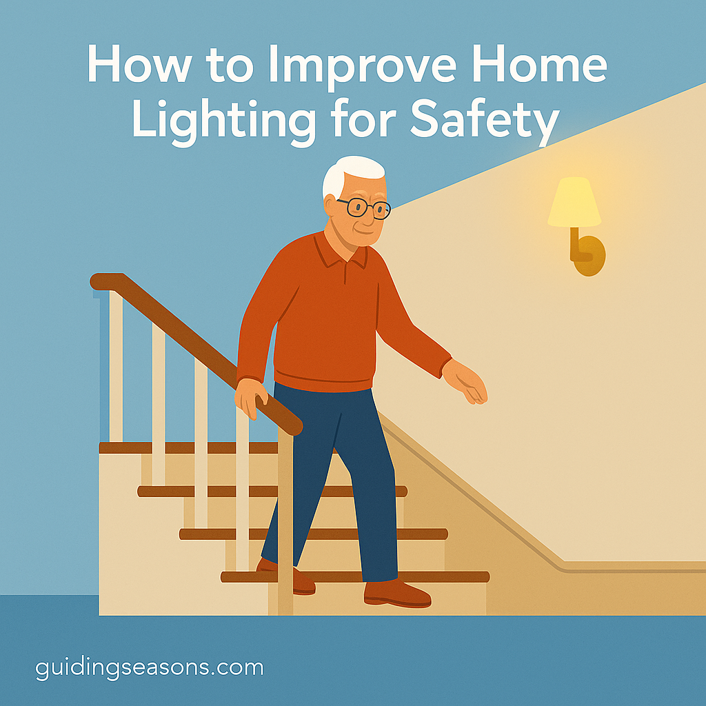 Older man walking safely down a well-lit staircase while holding the handrail, with a wall sconce illuminating the area and the title “How to Improve Home Lighting for Safety” displayed above.