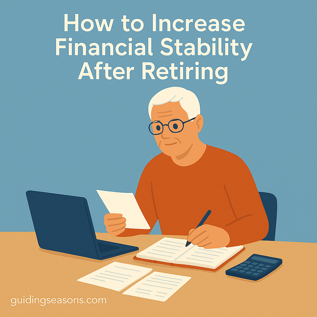 Older man calculating expenses at a table with bills, a notebook, a laptop, and a calculator, with the title “How to Increase Financial Stability After Retiring” displayed above