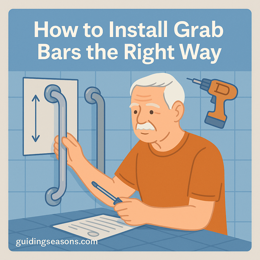 Older man installing a bathroom grab bar using a screwdriver, with an instruction diagram and drill nearby.