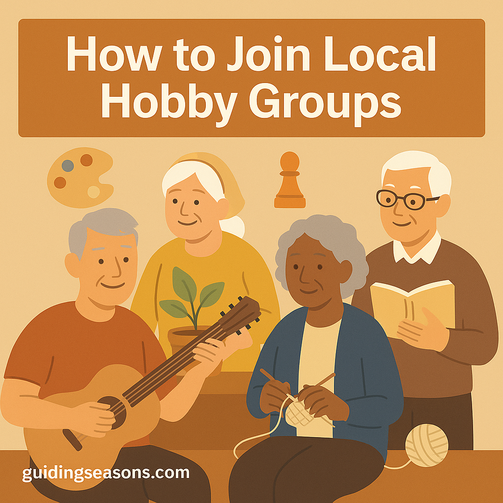 Group of older adults enjoying hobbies together, including playing guitar, knitting, reading, and caring for plants.