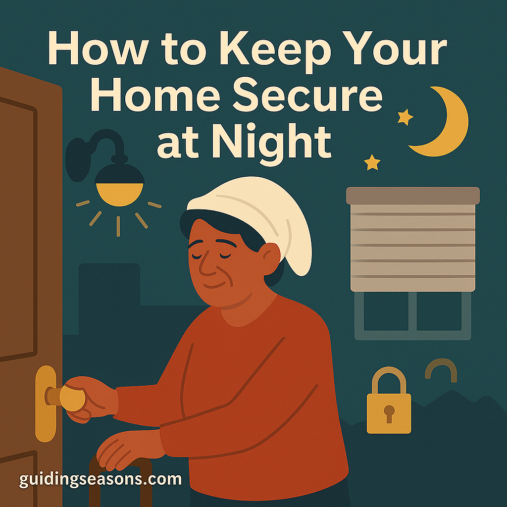 Older woman locking her front door at night with icons of a moon, stars, window blinds, and a padlock representing nighttime home security.