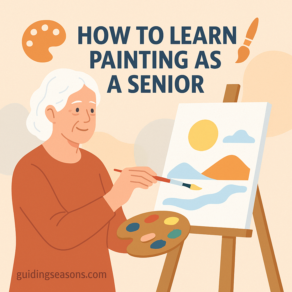 Older woman painting a simple landscape on a canvas while holding a paint palette.