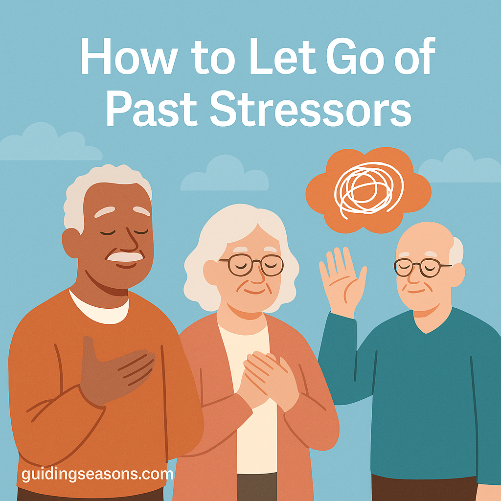 Three older adults practicing calming gestures with an illustrated stress cloud floating above them.