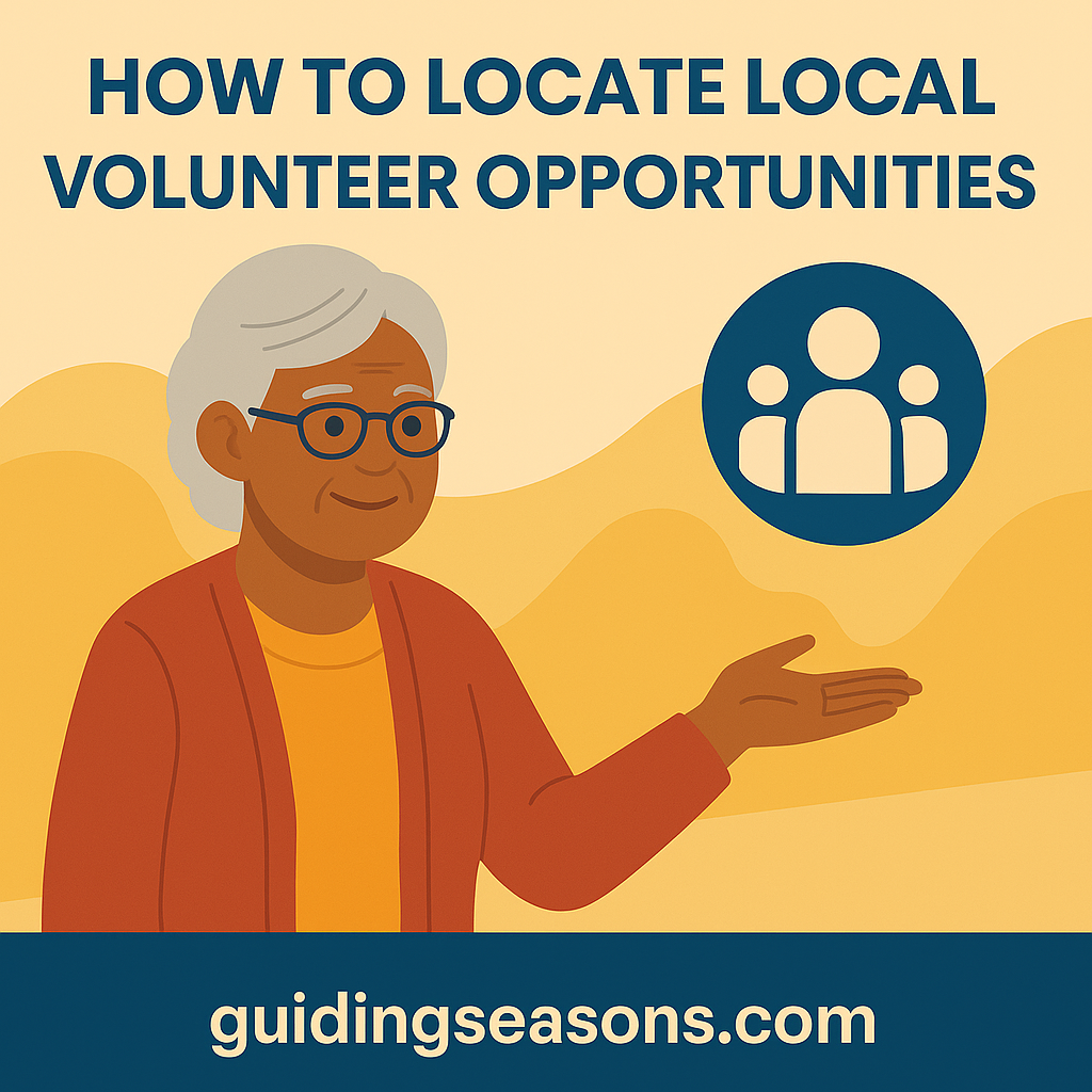 Illustration of a senior woman gesturing toward a volunteer icon, created for the article “How to Locate Local Volunteer Opportunities,” with a small guidingseasons.com watermark at the bottom.