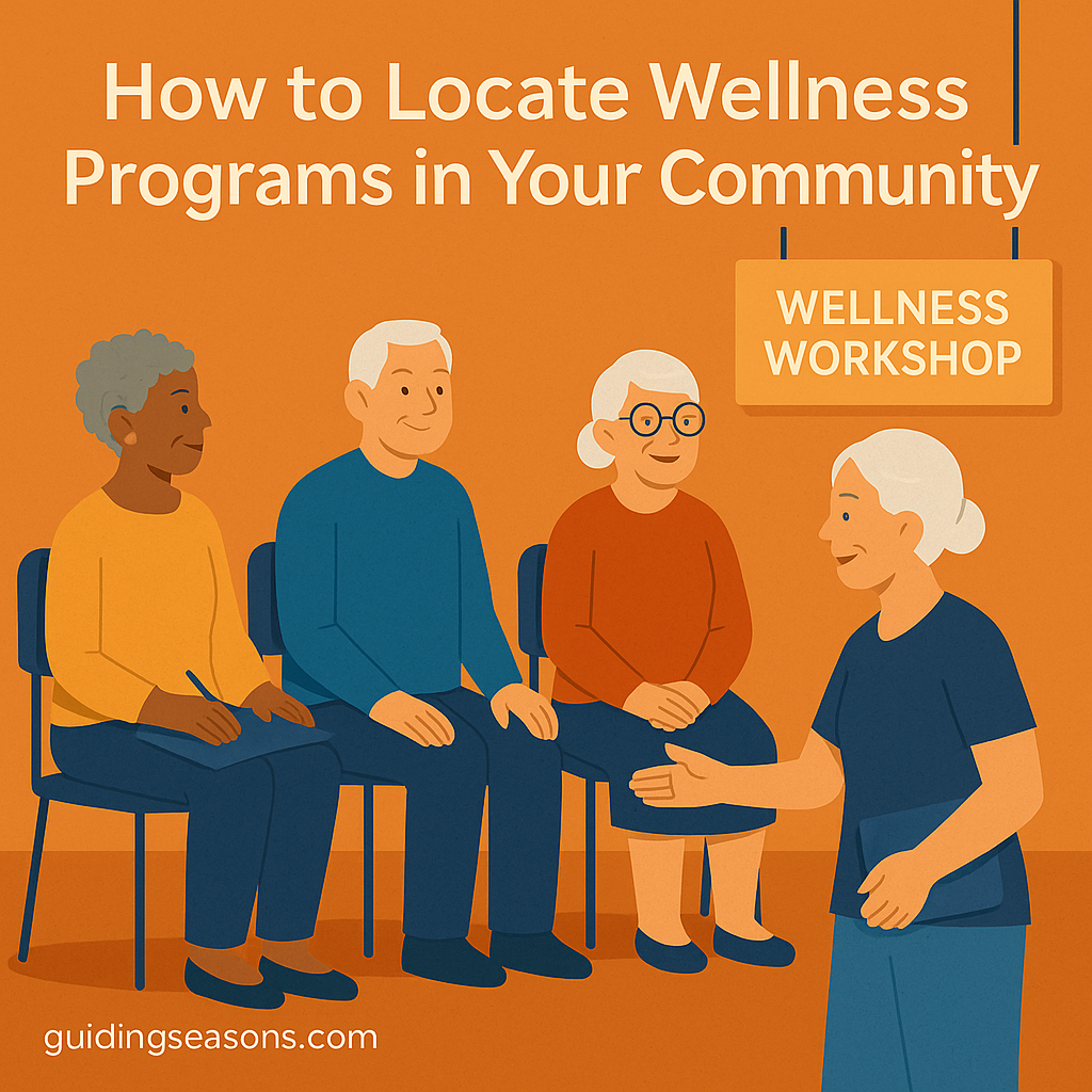 Group of older adults sitting in chairs at a wellness workshop while an instructor speaks to them, with the title “How to Locate Wellness Programs in Your Community” displayed above and a guidingseasons.com watermark at the bottom.