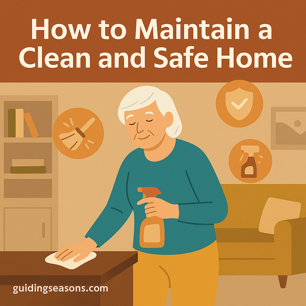 Older woman cleaning a table with a spray bottle and cloth, surrounded by icons representing safety and home care.