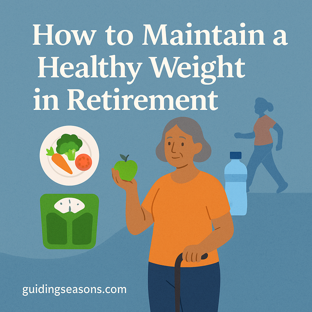 Older woman holding a green apple with icons of healthy food, exercise, and a water bottle around her.