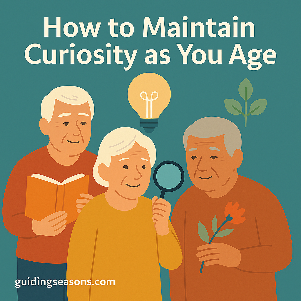 Three older adults exploring curious activities such as reading, examining a magnifying glass, and observing a flower, with idea and nature icons above them.