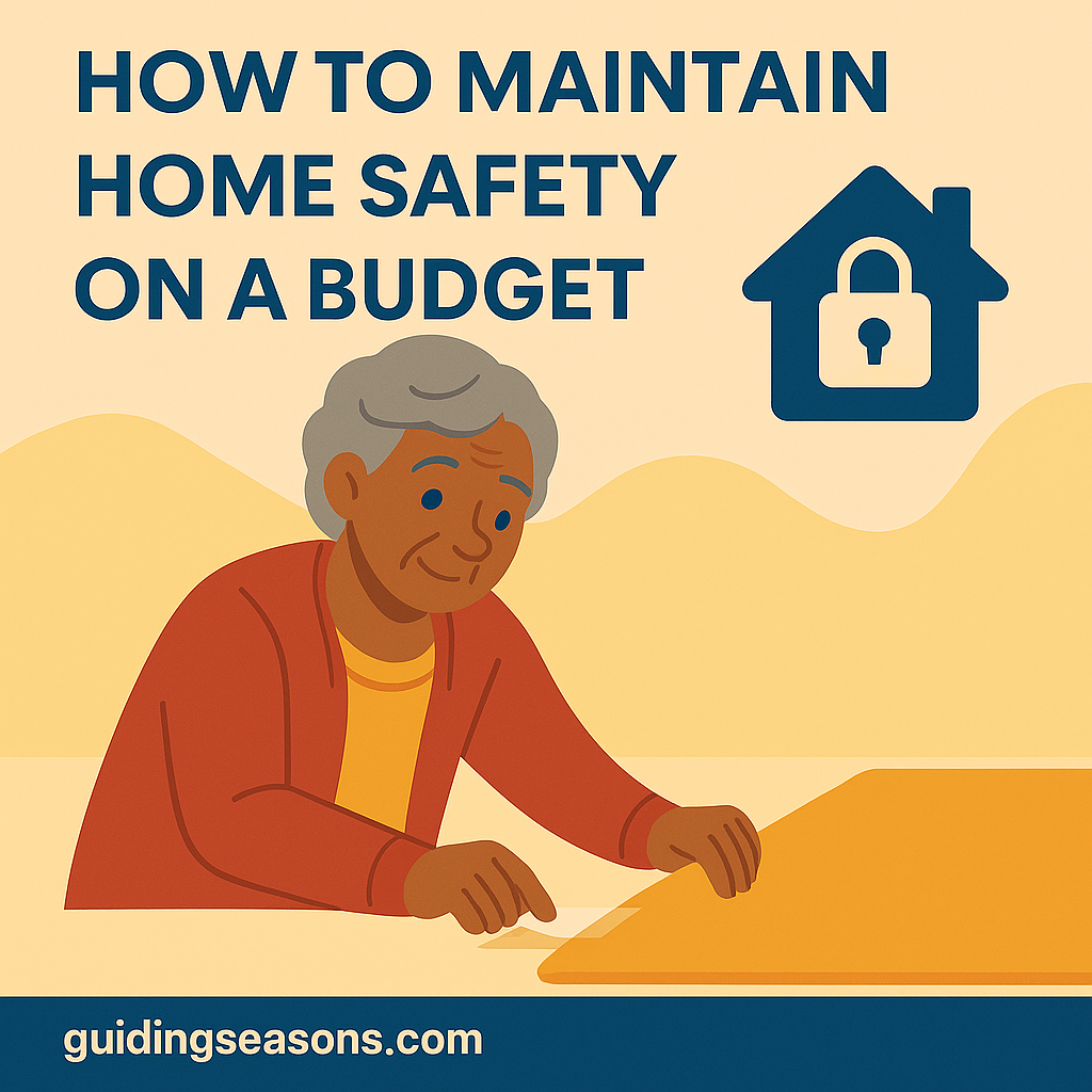 Illustration of a senior woman securing a rug to the floor to improve home safety, with a house-and-lock safety icon beside her, created for the article “How to Maintain Home Safety on a Budget,” with a small guidingseasons.com watermark at the bottom.