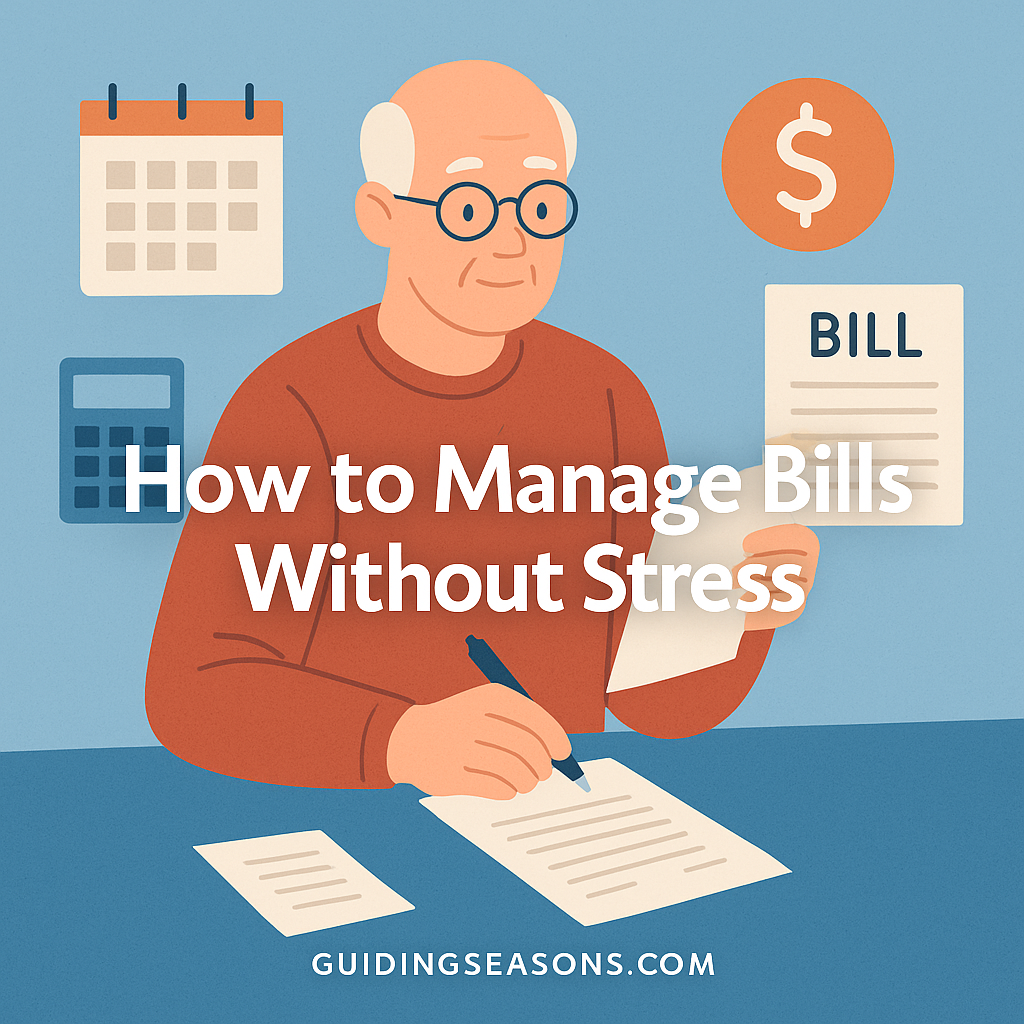 Older man reviewing bills and writing on paperwork with financial icons like a calculator, calendar, and dollar symbol around him.