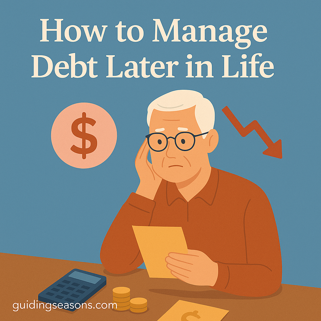 Older man looking concerned while reviewing financial papers with a calculator and coins on the table, illustrating how to manage debt later in life.