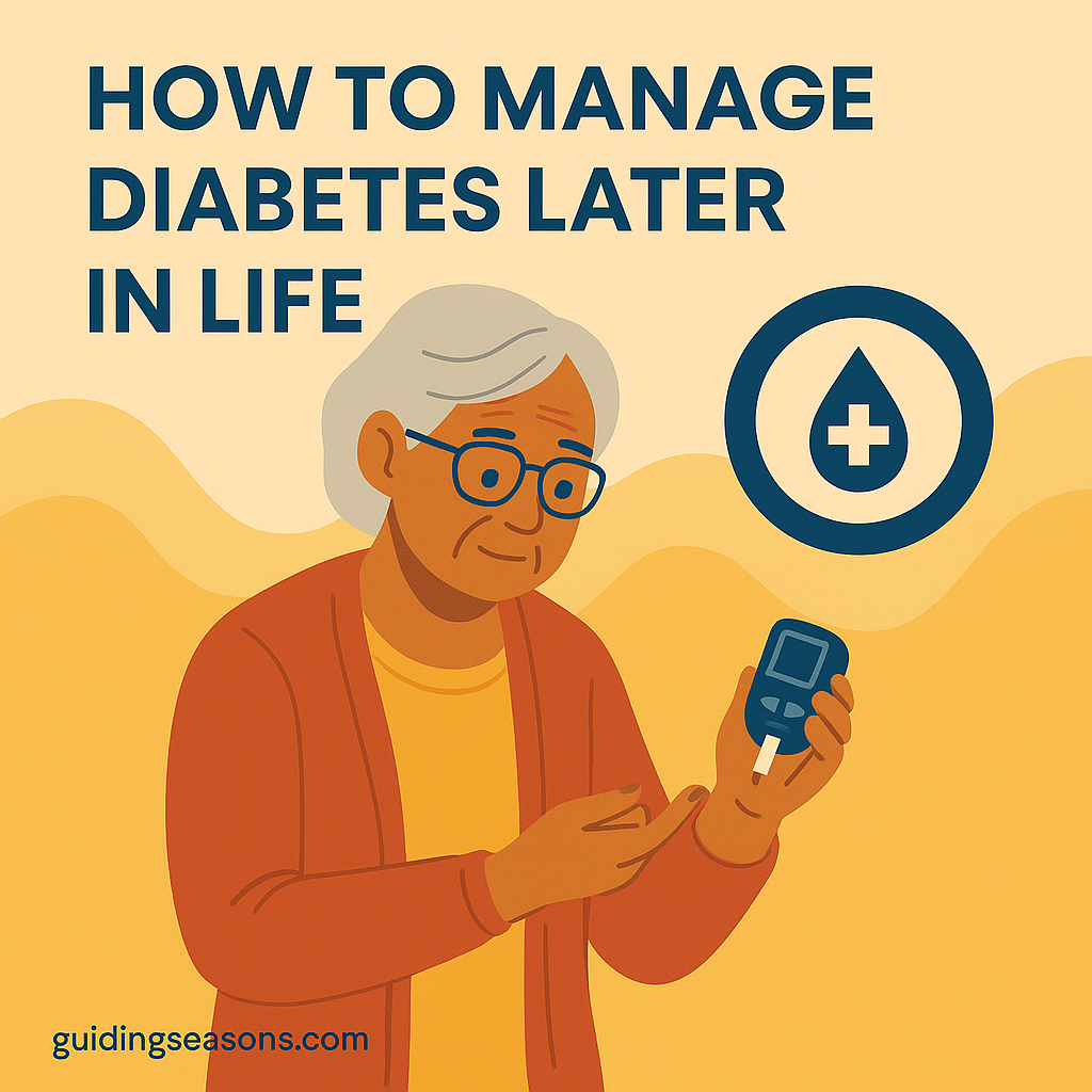 Illustration of a senior woman checking her blood sugar with a glucose meter, with a diabetes health icon beside her and a small guidingseasons.com watermark in the bottom left.
