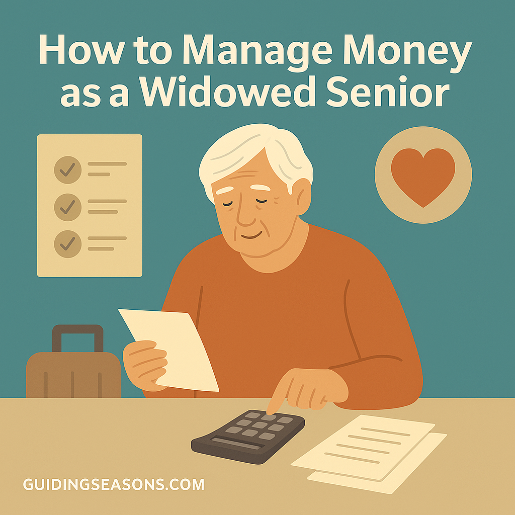 Older woman reviewing financial papers with a calculator on the table, surrounded by icons representing organization and emotional support.