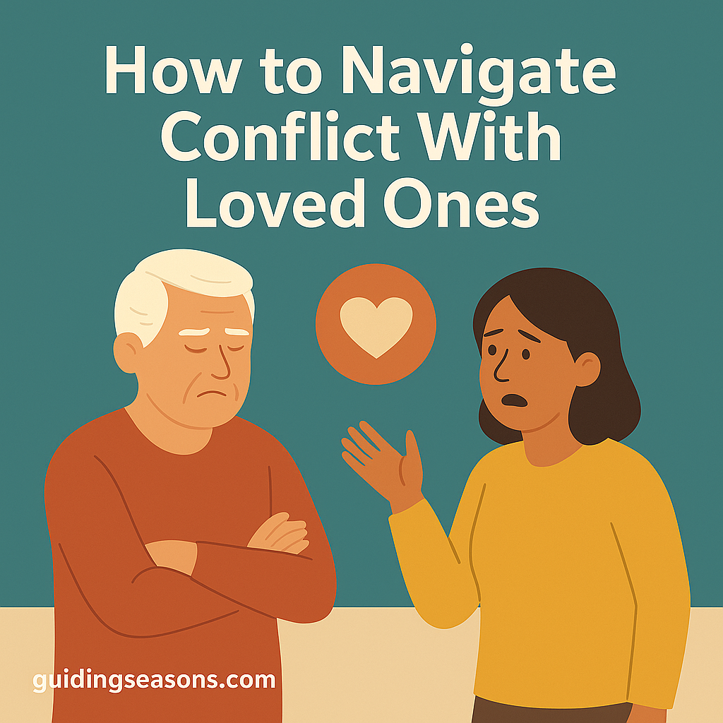 Illustration of an older couple having a tense conversation, with a heart icon between them symbolizing efforts to navigate conflict with loved ones.