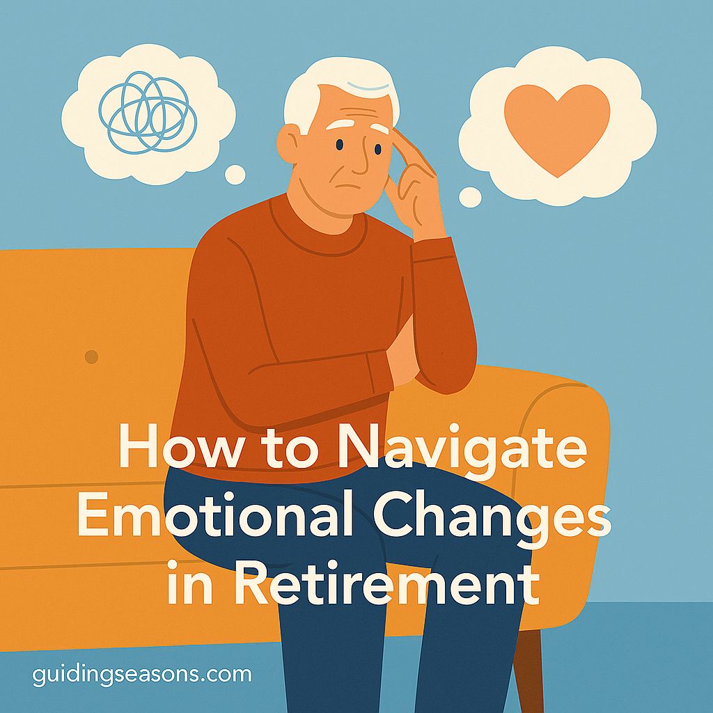 Older man sitting on a couch with thought bubbles showing confusion and a heart, representing how to navigate emotional changes in retirement.