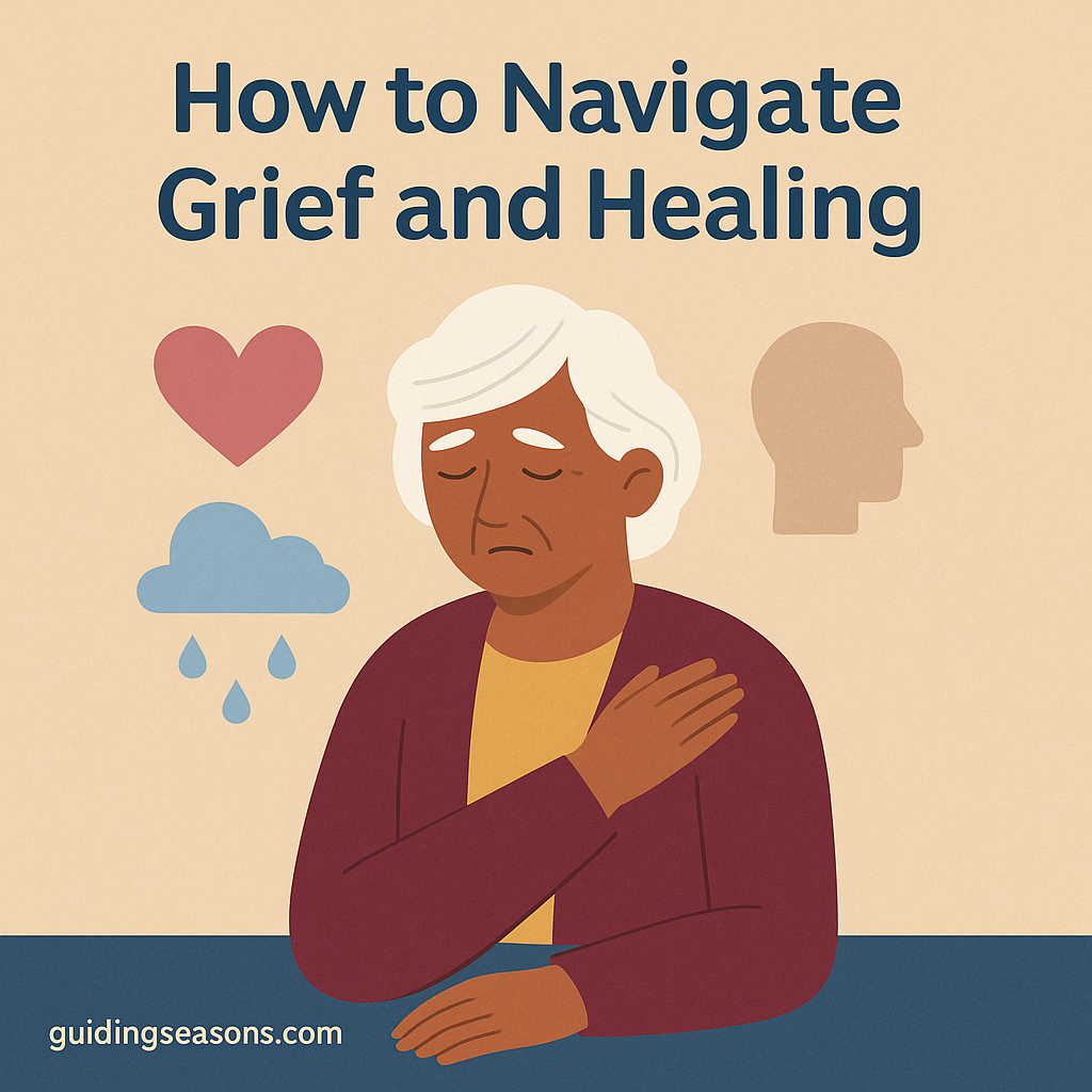 Illustration of a grieving senior woman sitting at a table with a candle, a framed photo, and a journal, created for the article “How to Navigate Grief and Healing,” with guidingseasons.com shown at the bottom left.