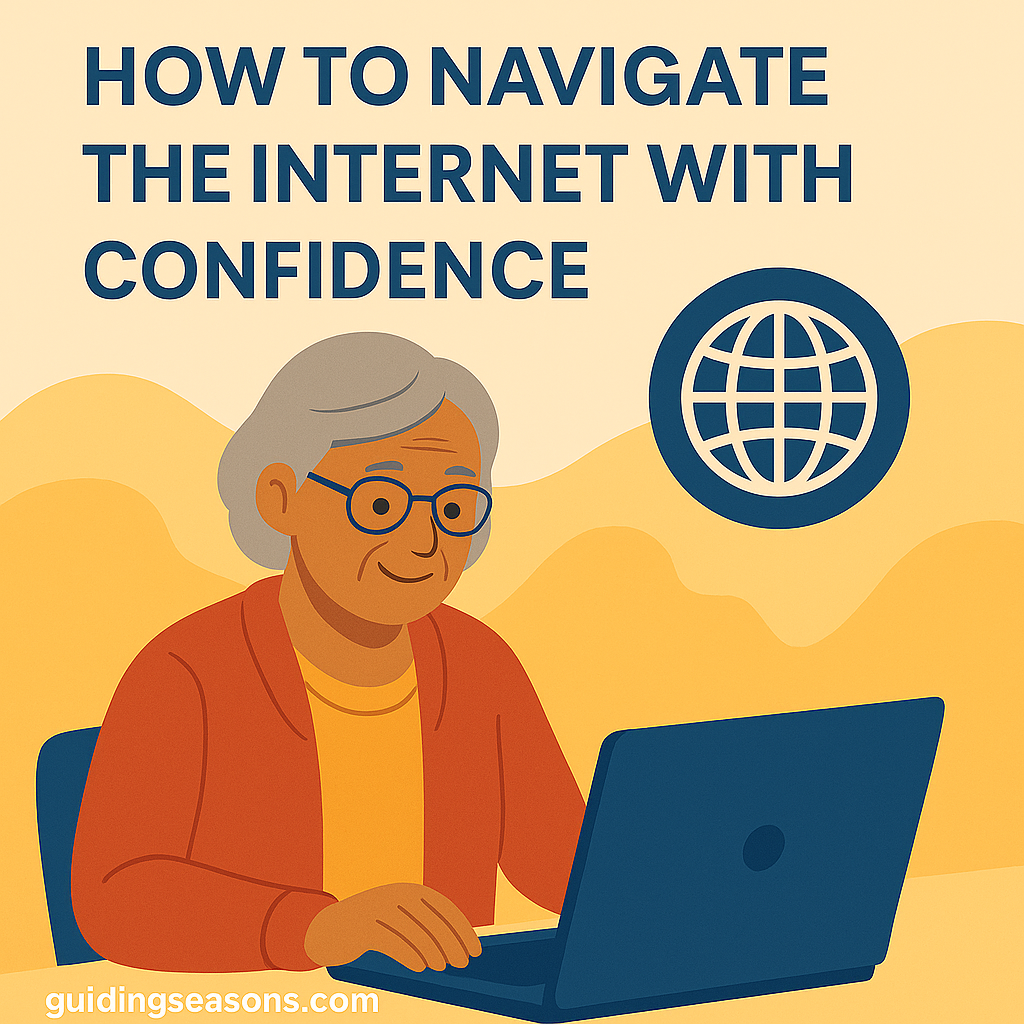 Illustration of a senior woman using a laptop with a globe internet icon beside her, created for the article “How to Navigate the Internet With Confidence,” with guidingseasons.com shown at the bottom.