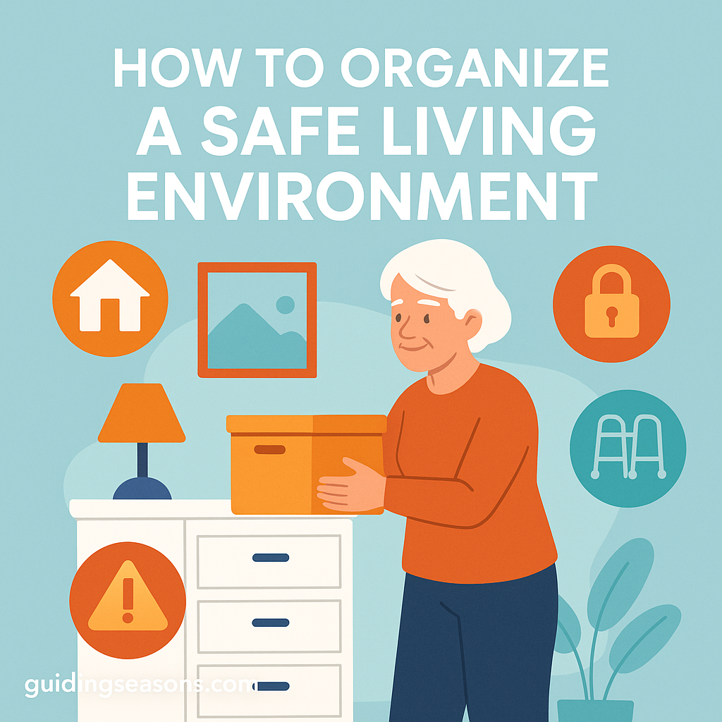 Older woman organizing a storage box in a well-lit room with icons representing home safety around her.