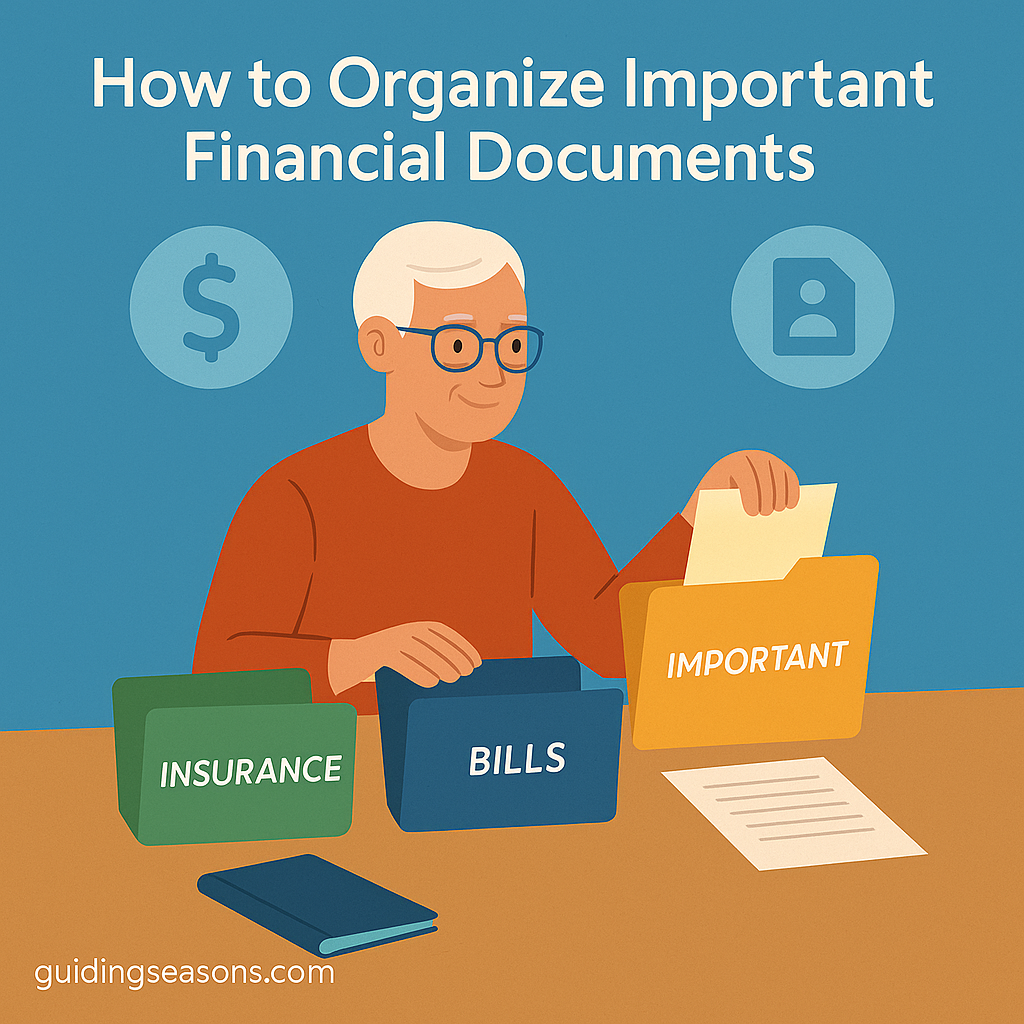 Older woman organizing financial papers into labeled folders for bills, insurance, and important documents, with the title “How to Organize Important Financial Documents” above