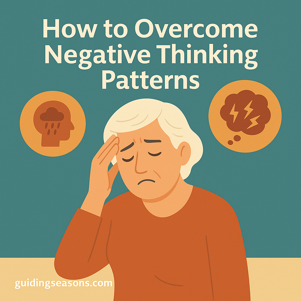 Older woman touching her forehead with a worried expression, with icons representing negative thoughts on each side.
