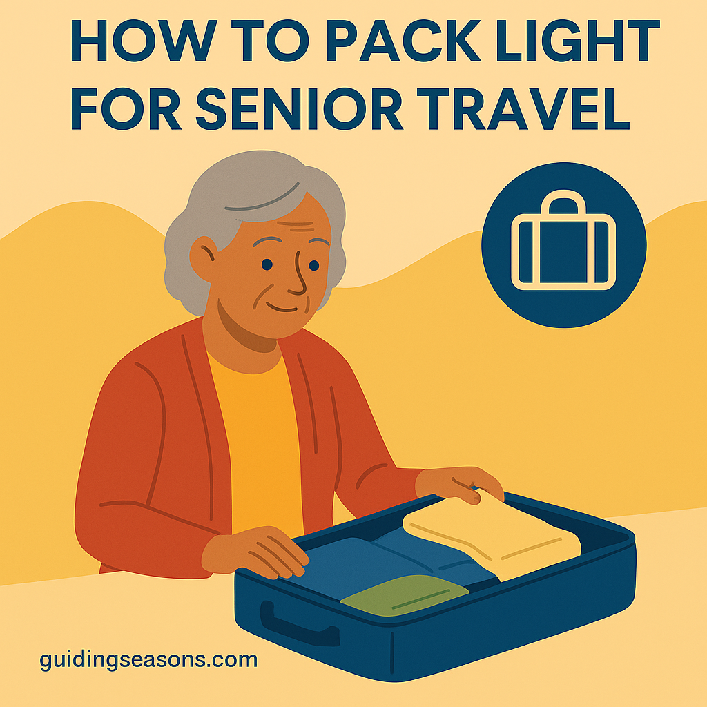 Illustration of a senior woman packing neatly folded clothes into a suitcase with a travel icon above her, created for the article “How to Pack Light for Senior Travel,” with a small guidingseasons.com watermark in the bottom left.