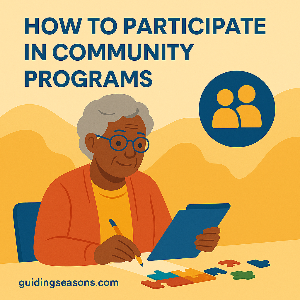 Illustration of a senior woman writing on a clipboard with puzzle pieces nearby and a community icon, created for the article “How to Participate in Community Programs,” with a small guidingseasons.com watermark in the bottom left.