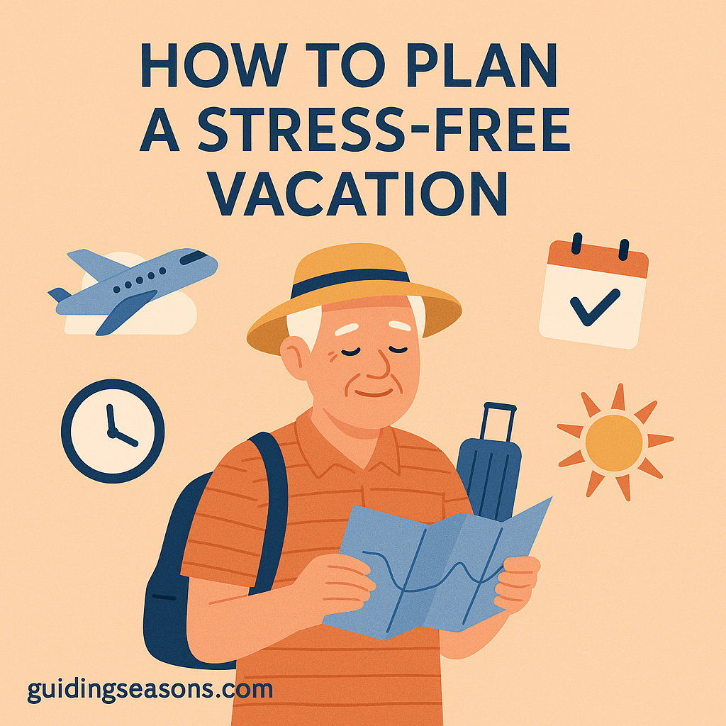 Illustration of a senior man holding a travel map, surrounded by icons such as an airplane, clock, calendar, sun, and suitcase, beneath the title “How to Plan a Stress-Free Vacation.”
