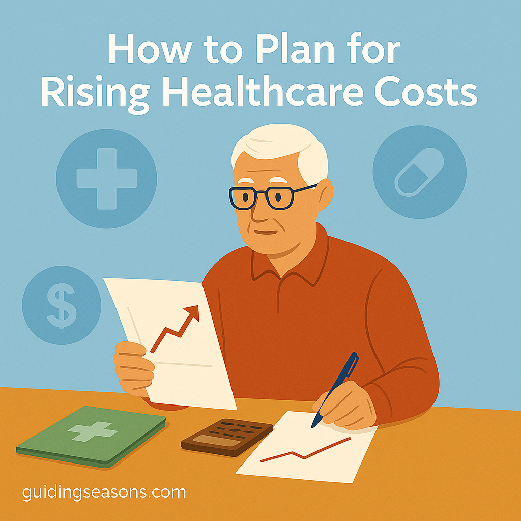 Older man reviewing charts and healthcare documents at a desk with medical and financial icons behind him, illustrating how to plan for rising healthcare costs.