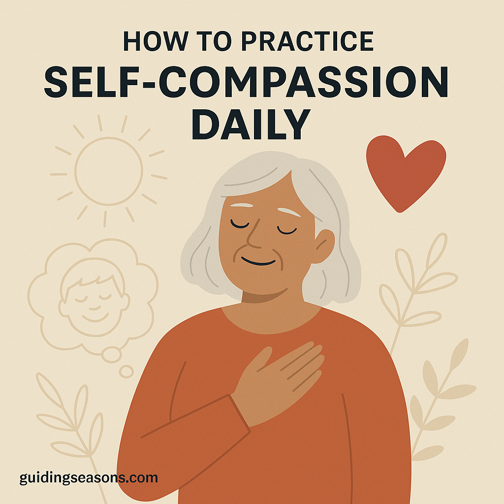 Older woman with her hand over her heart, surrounded by calm symbols like a heart and sun, practicing daily self-compassion.