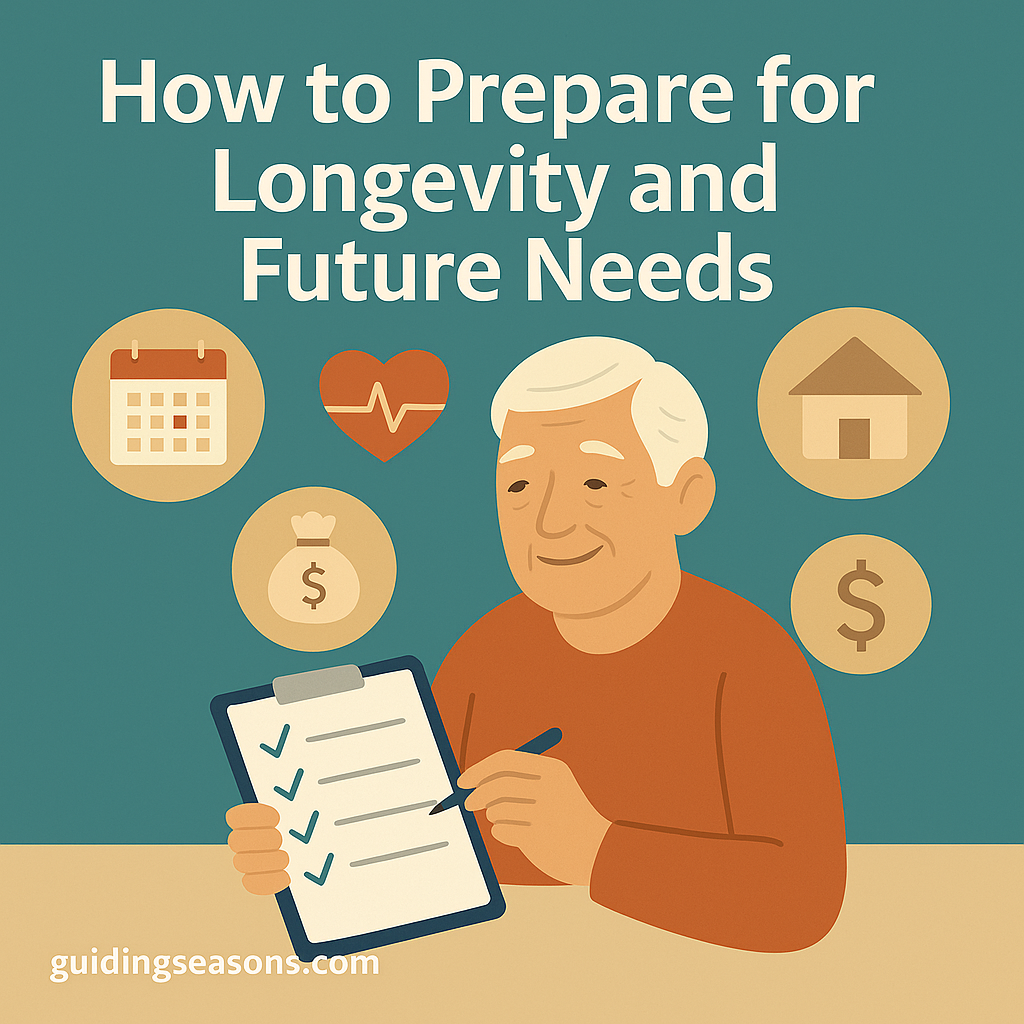 Older man reviewing a checklist with icons of health, housing, finances, and long-term planning surrounding him.