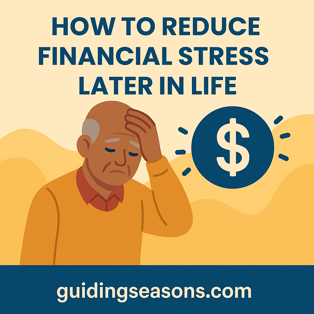 Illustration of a senior man holding his forehead with a worried expression beside a large dollar sign icon, created for the article “How to Reduce Financial Stress Later in Life,” with a small guidingseasons.com watermark at the bottom.