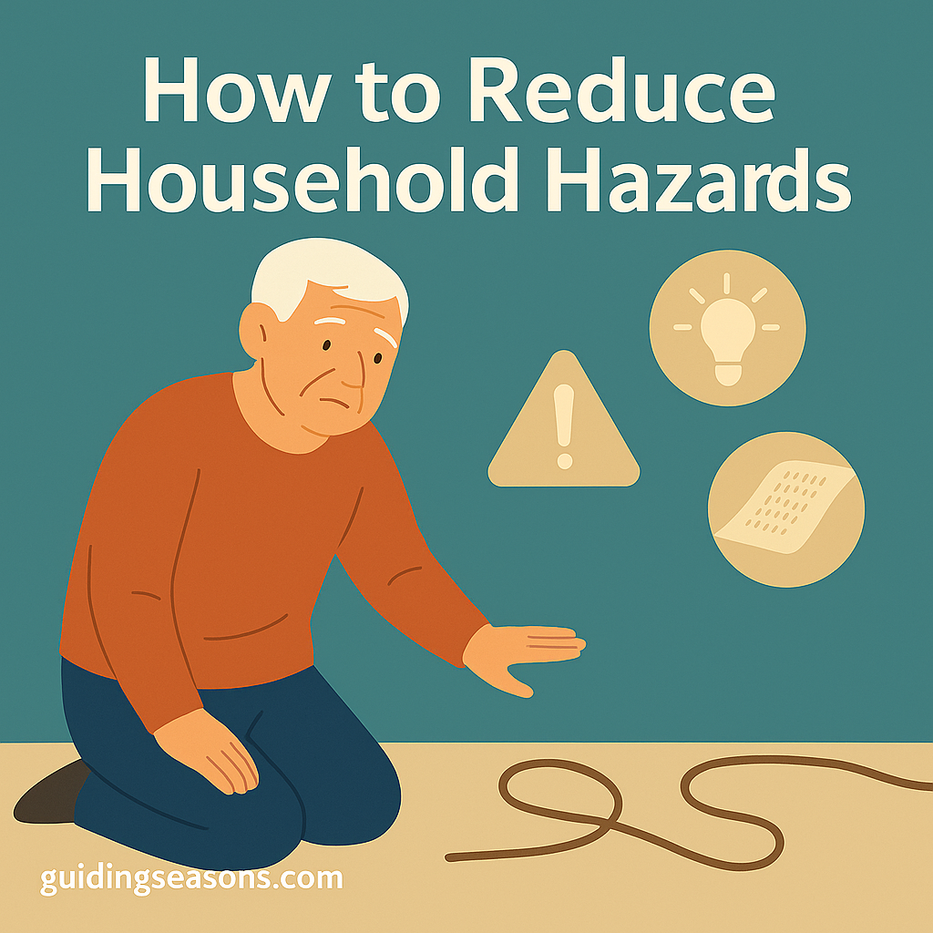 Older man kneeling near a loose electrical cord with safety icons such as a warning symbol, lightbulb, and nonslip mat.