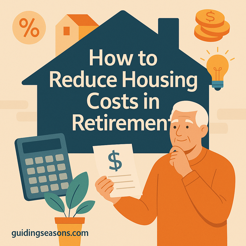 Older man reviewing a document with a dollar sign while icons of savings, housing, and budgeting surround him.