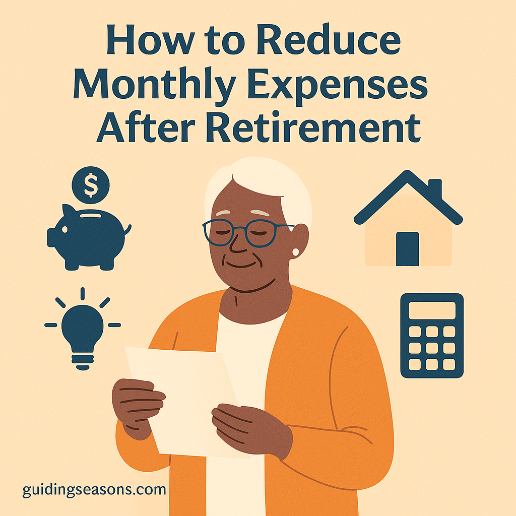 Illustration of a senior woman reviewing a document, surrounded by simple icons like a piggy bank, house, calculator, and lightbulb, beneath the title “How to Reduce Monthly Expenses After Retirement.”