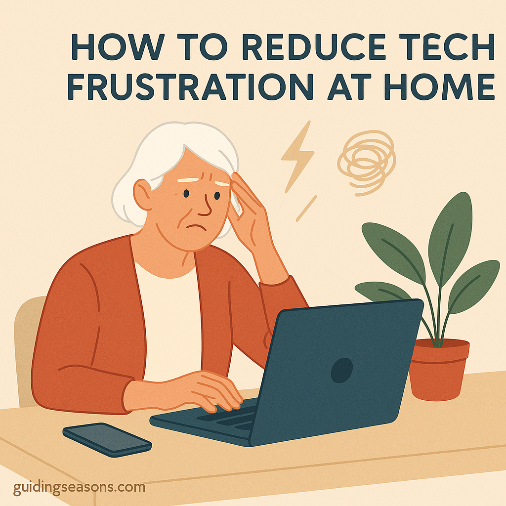 Illustration of a senior woman looking frustrated while using a laptop at home, with the title “How to Reduce Tech Frustration at Home.”