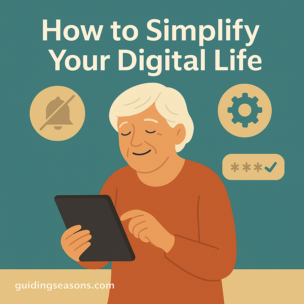 Older woman using a tablet with icons representing notifications, settings, and passwords, illustrating how to simplify your digital life.