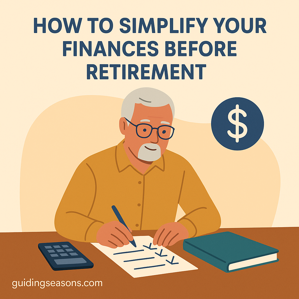 Illustration of a senior man sitting at a table reviewing financial documents with a calculator and notebook, created for the article “How to Simplify Your Finances Before Retirement,” with guidingseasons.com shown at the bottom.