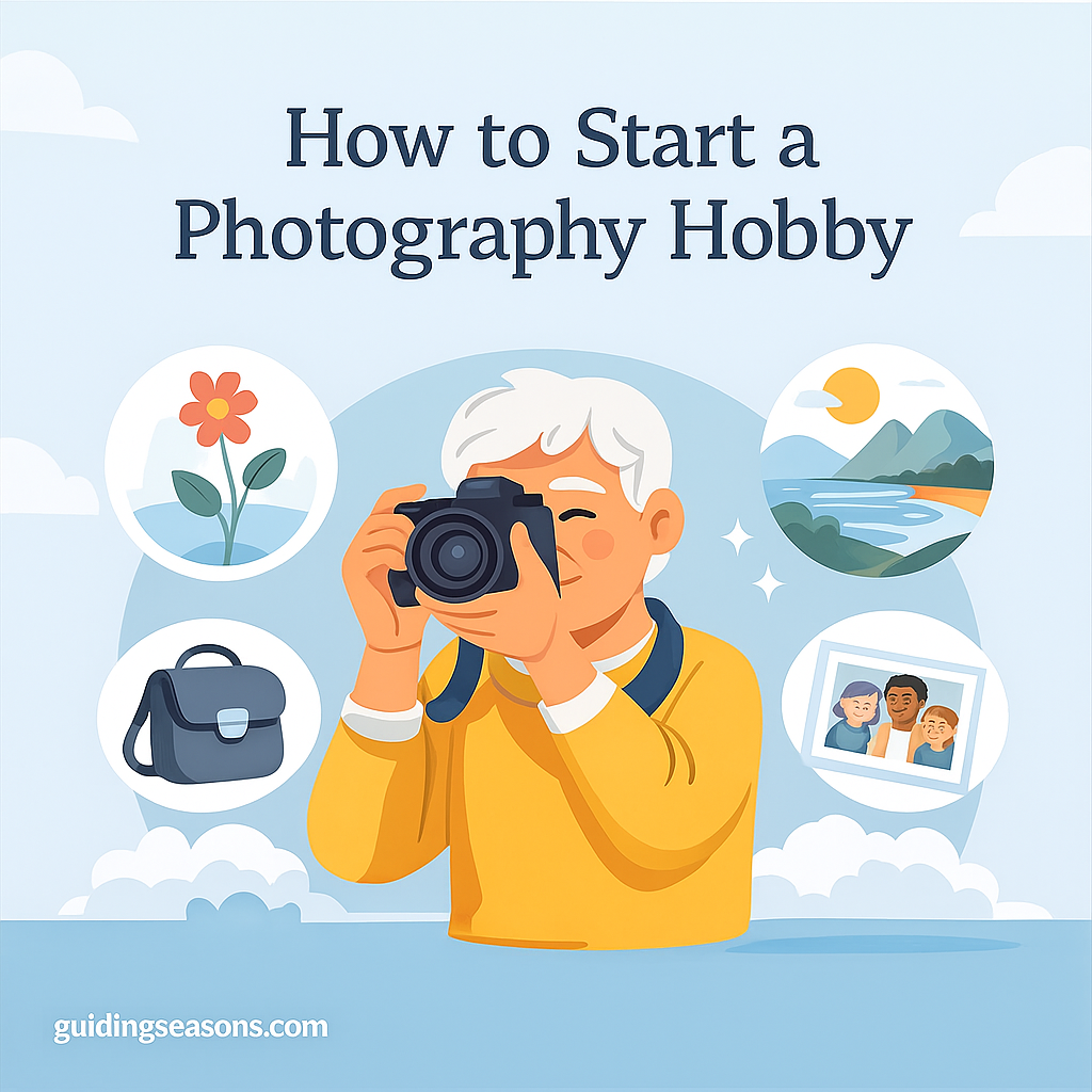 Older man holding a camera and taking a photo with illustrated icons of nature, flowers, and memories surrounding him.