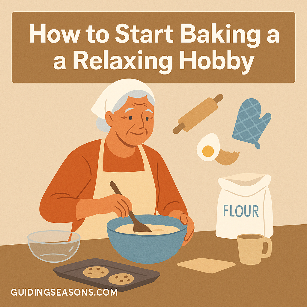 Older woman happily mixing batter in a bowl with baking ingredients and tools around her.