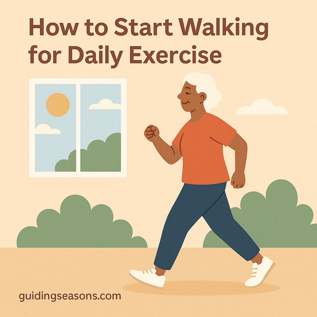 Illustration of a senior woman walking outdoors in a sunny park setting, created for the article “How to Start Walking for Daily Exercise.”