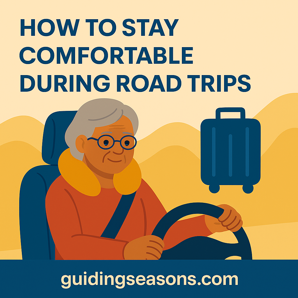 Illustration of a senior woman driving comfortably with a neck pillow and luggage icon beside her, created for the article “How to Stay Comfortable During Road Trips,” with guidingseasons.com displayed at the bottom.