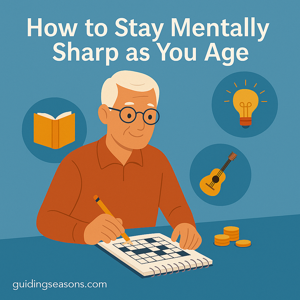 Older man completing a crossword puzzle with icons of a book, lightbulb, and guitar around him, representing ways to stay mentally sharp as you age.