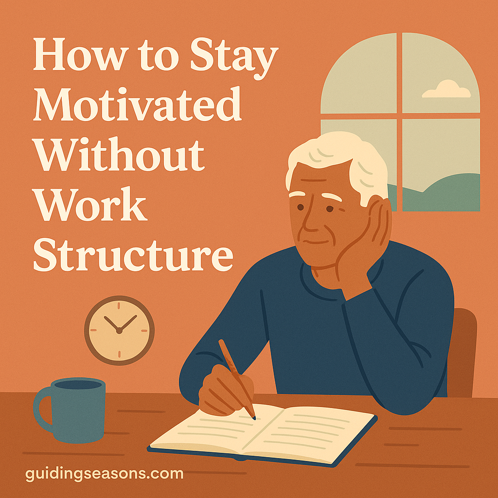 Older man writing in a notebook while reflecting at a table with a clock and window nearby.