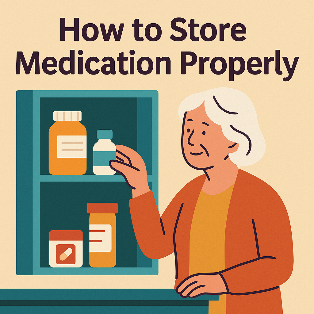 Illustration of a senior woman organizing medication bottles inside a cabinet for proper storage, with the title “How to Store Medication Properly.”