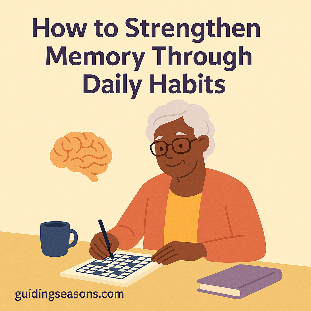 Illustration of a senior woman working on a crossword puzzle at a table with a brain icon beside her, created for the article “How to Strengthen Memory Through Daily Habits,” with guidingseasons.com at the bottom.
