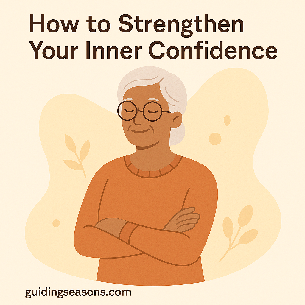 Illustration of a confident senior woman standing with folded arms and a calm smile, created for the article “How to Strengthen Your Inner Confidence,” with guidingseasons.com shown at the bottom.