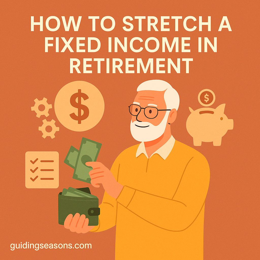 Older man reviewing cash from his wallet with financial icons like a dollar sign, checklist, and piggy bank around him.