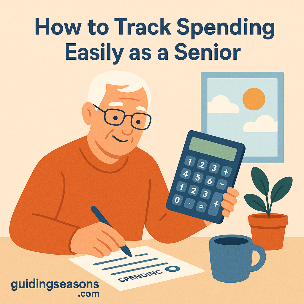 Illustration of a senior man tracking his spending using a calculator and a paper worksheet, with a guidingseasons.com watermark at the bottom left.