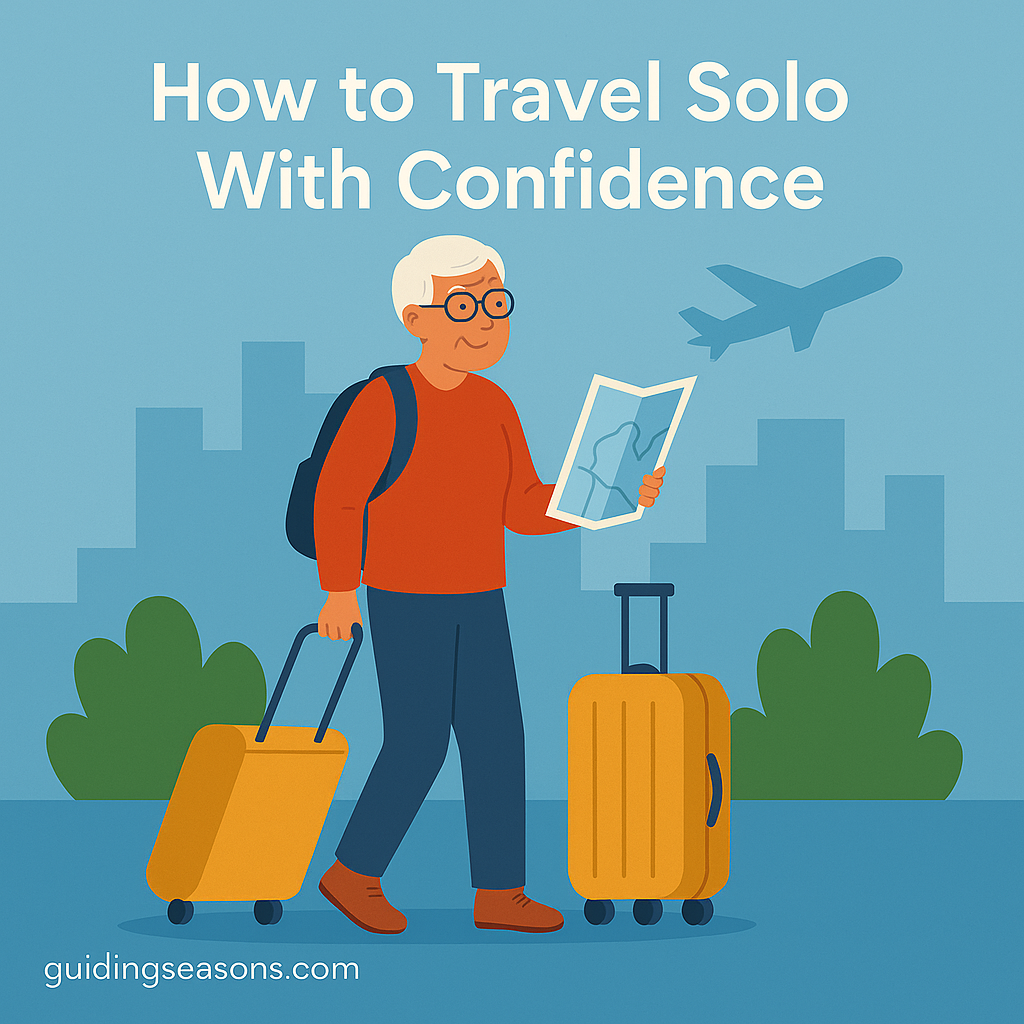 Older woman traveling alone with two suitcases and a backpack while reading a map, with the title “How to Travel Solo With Confidence” displayed above her.
