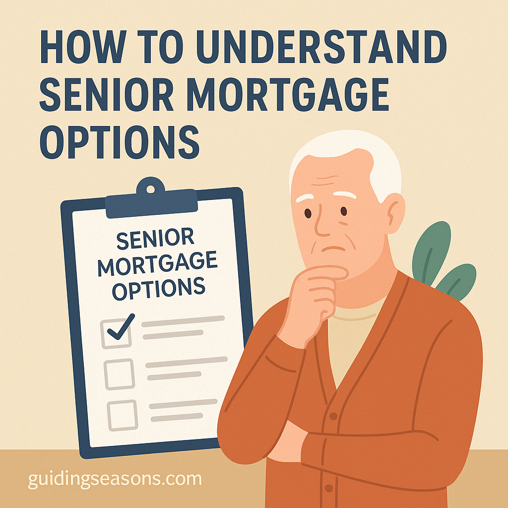 Illustration of a senior man thinking while looking at a clipboard labeled “Senior Mortgage Options,” created for an article about understanding mortgage choices in retirement.